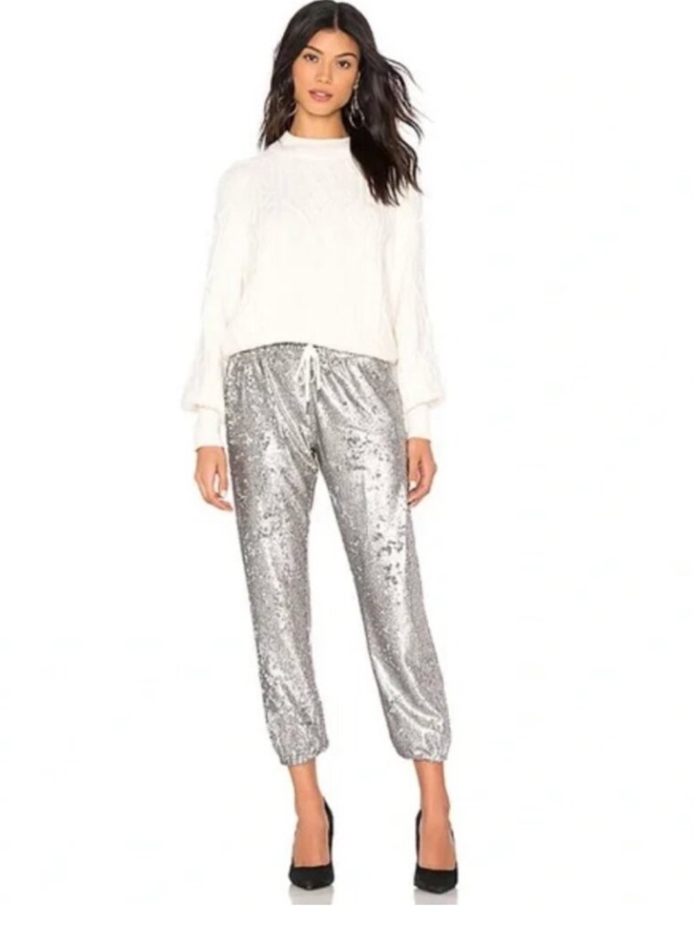 David Lerner silver sequin joggers drawstring waist
